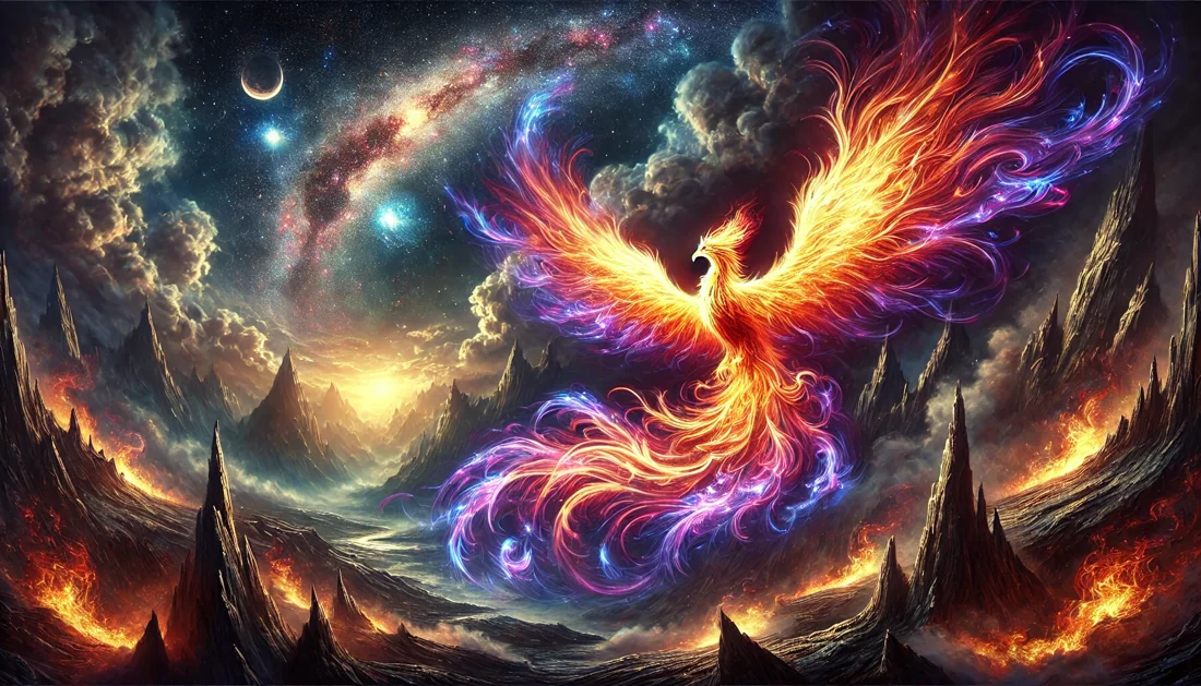 A radiant phoenix spreading its wings in an arcane sky